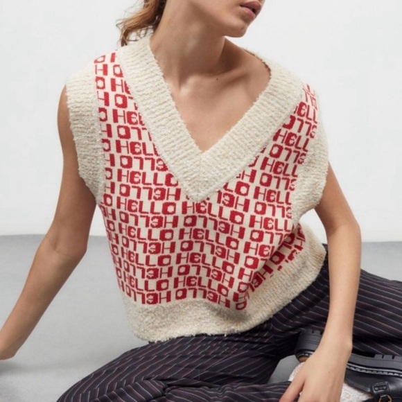 URBAN OUTFITTERS BDG Jordie “HELLO” Jacquard Sweater Vest RED Multi Size L - Picture 1 of 9